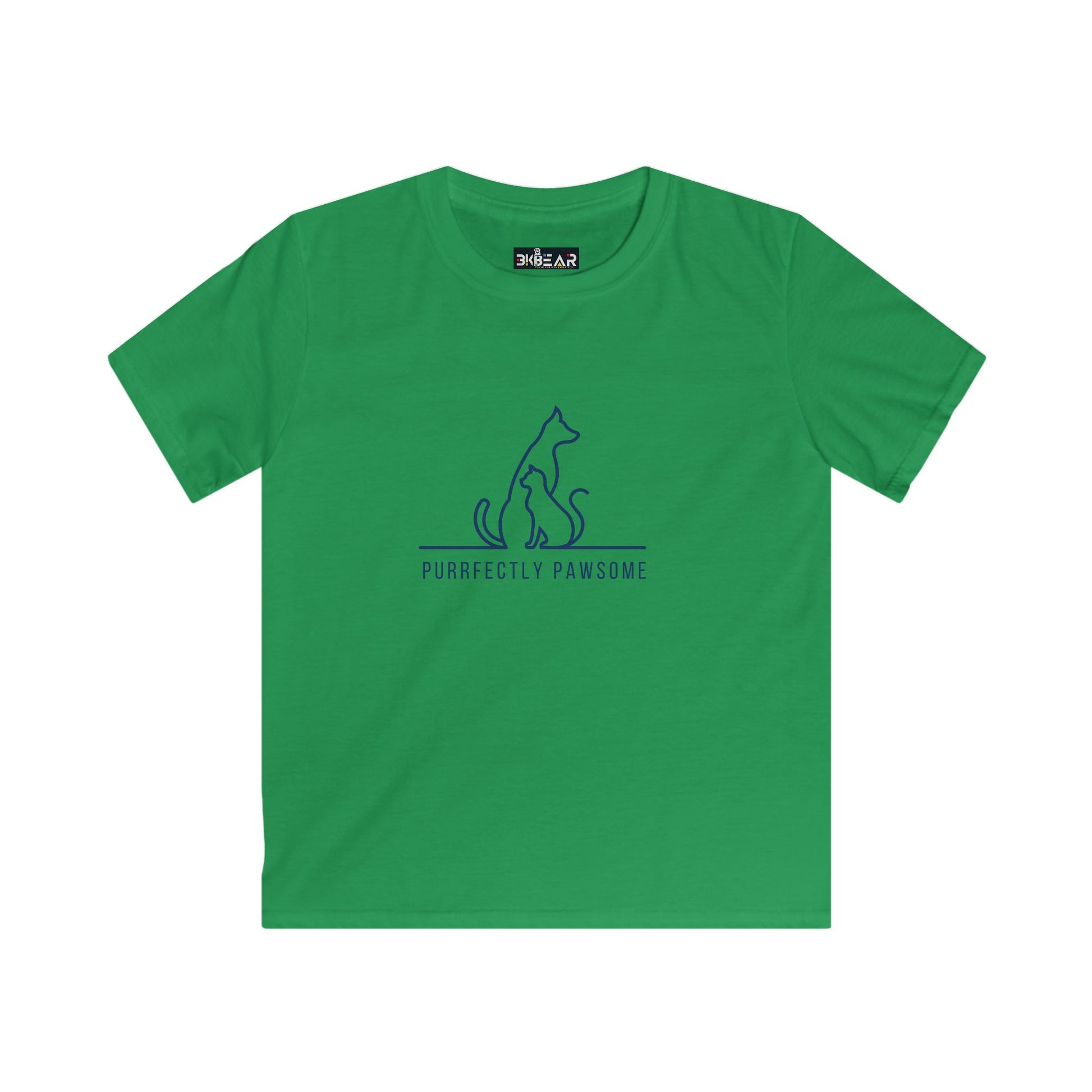 Green kids t-shirt with blue dog and cat outline and purrfectly pawsome kids tee text printed