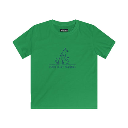 Green kids t-shirt with blue dog and cat outline and purrfectly pawsome kids tee text printed