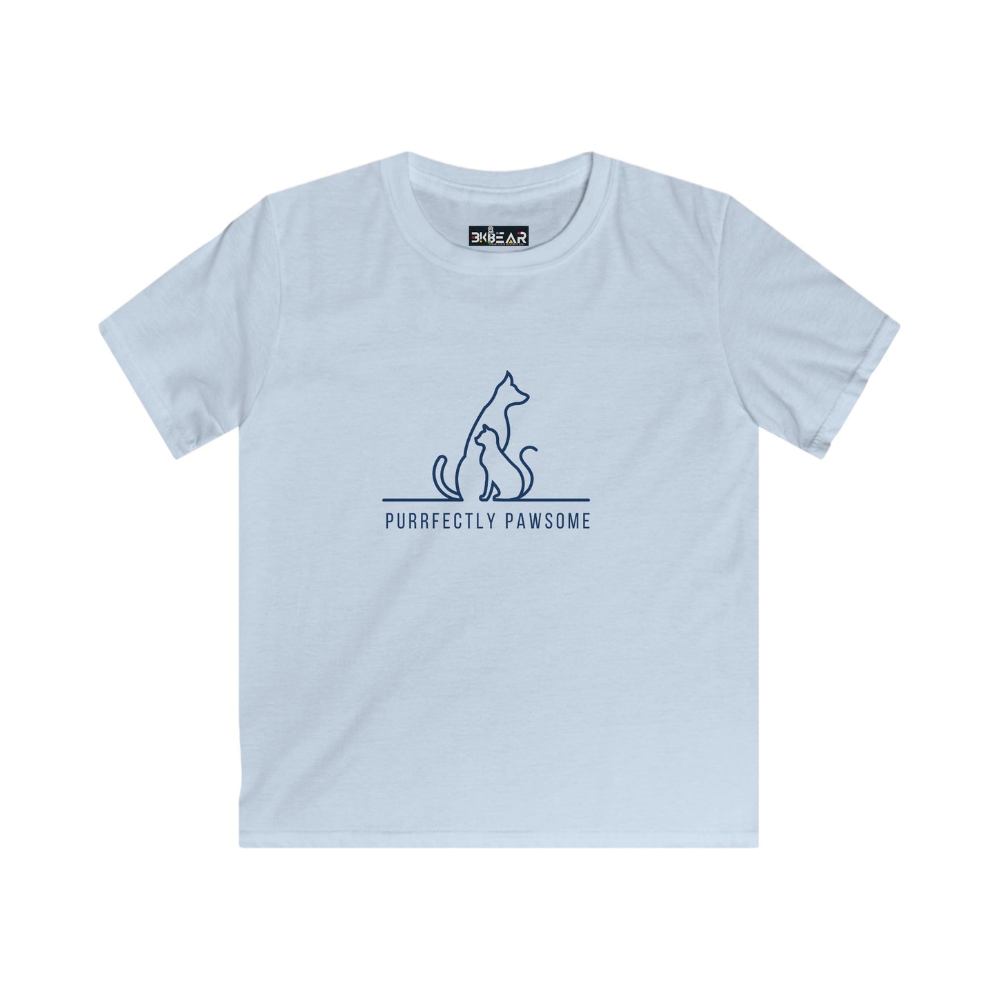 Light blue kids t-shirt with cat and dog graphic and purrfectly pawsome kids tee text