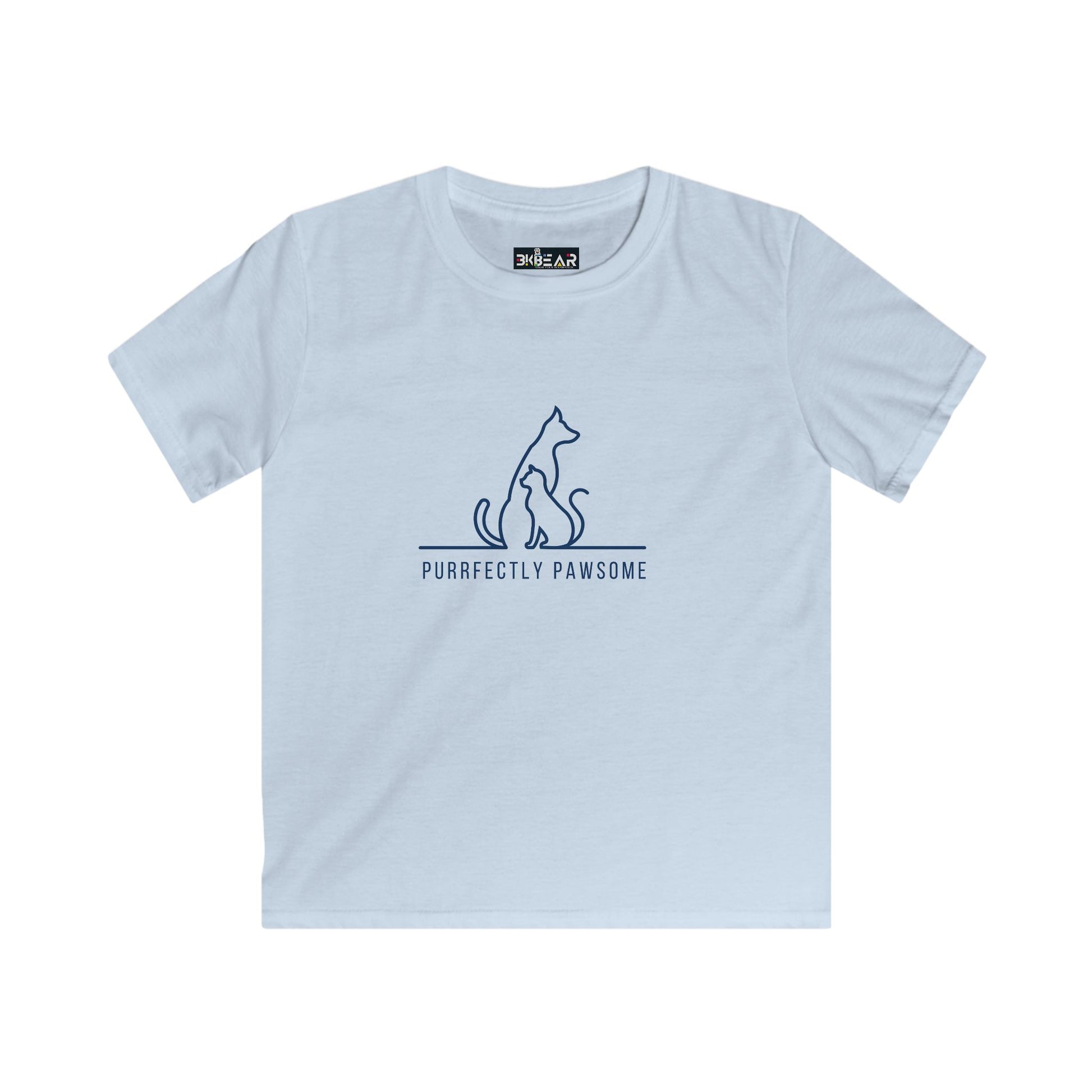 Light blue kids t-shirt with cat and dog graphic and purrfectly pawsome kids tee text