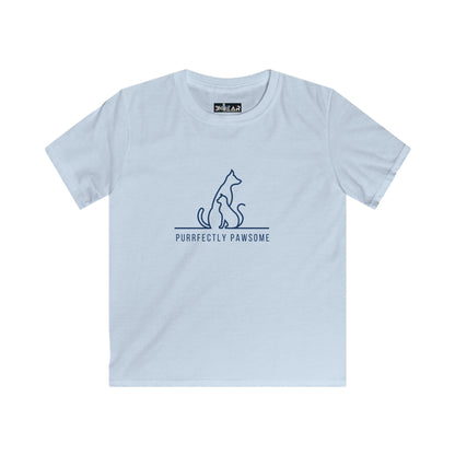 Light blue kids t-shirt with cat and dog graphic and purrfectly pawsome kids tee text