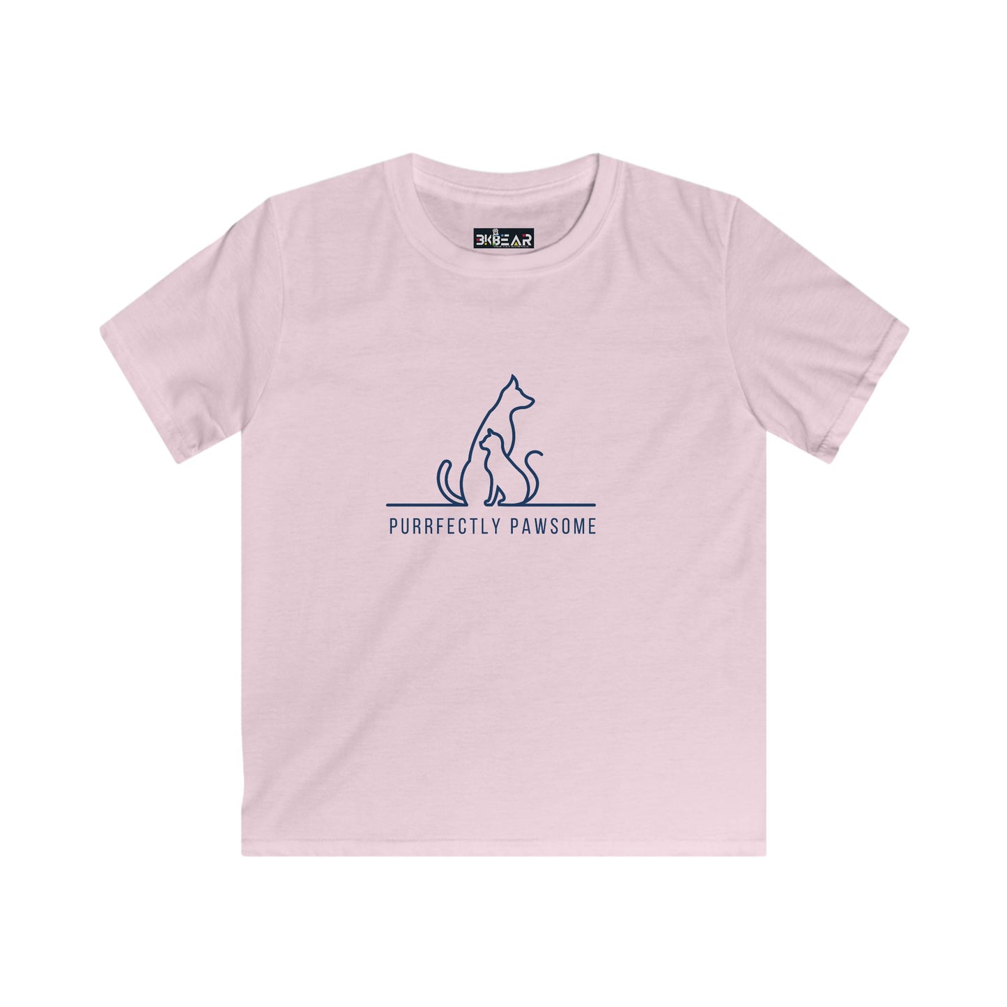 Light pink kids t-shirt with navy cat design and purrfectly pawsome kids tee text by Printify