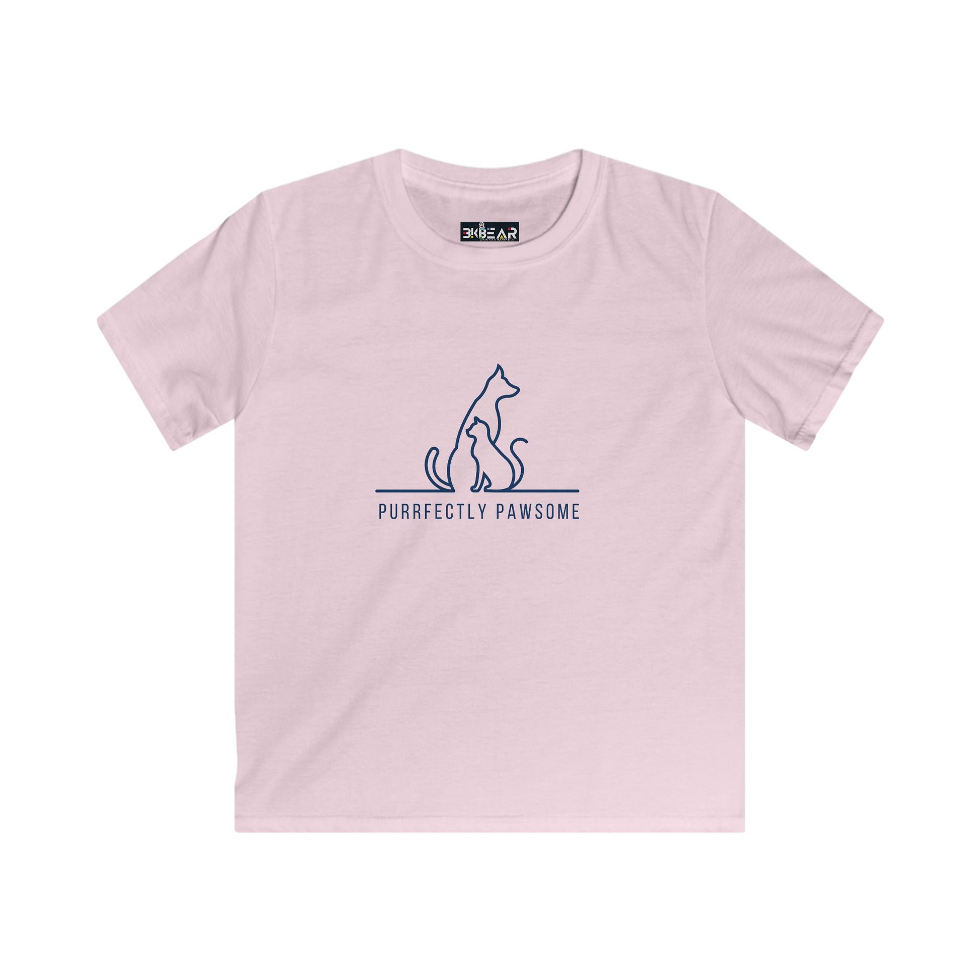 Light pink kids t-shirt with navy cat design and purrfectly pawsome kids tee text by Printify