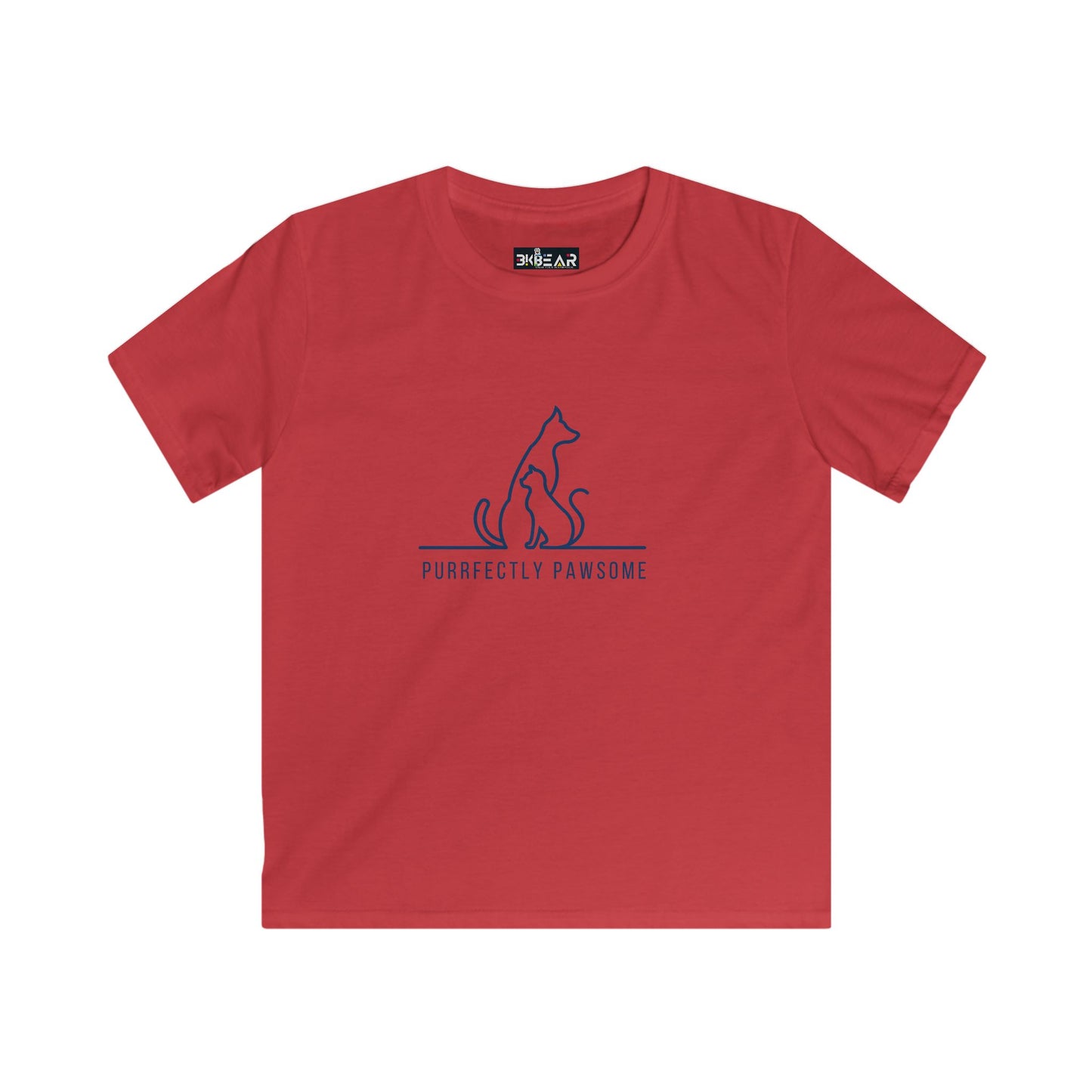 Red kids t-shirt from Printify with blue cat and dog line art and purrfectly pawsome kids tee text