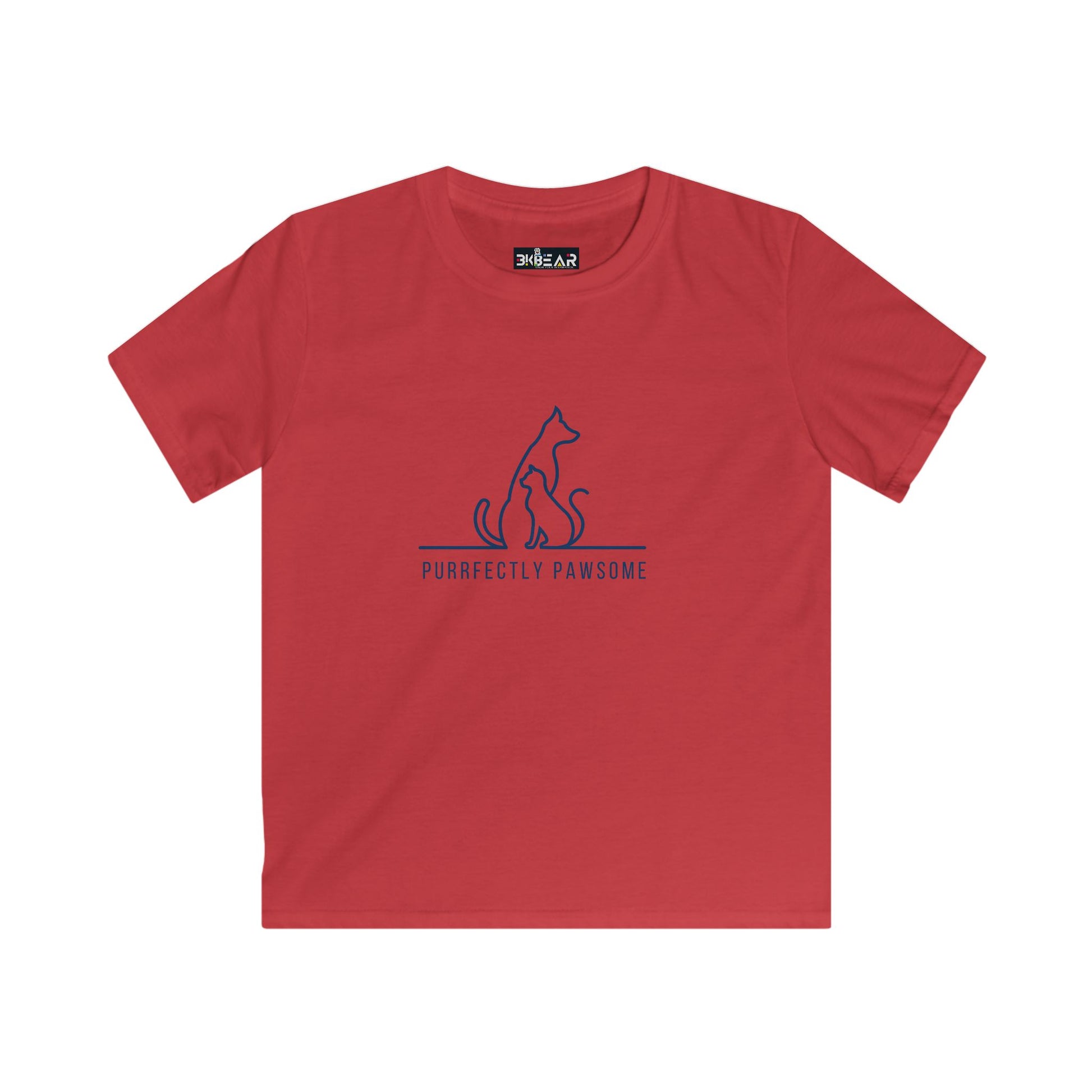 Red kids t-shirt from Printify with blue cat and dog line art and purrfectly pawsome kids tee text