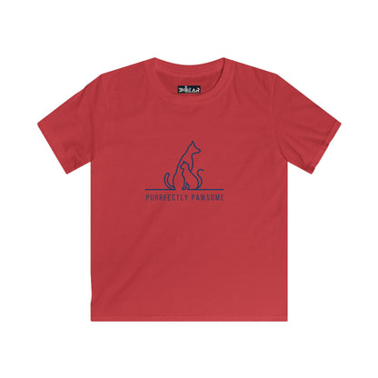 Red kids t-shirt from Printify with blue cat and dog line art and purrfectly pawsome kids tee text