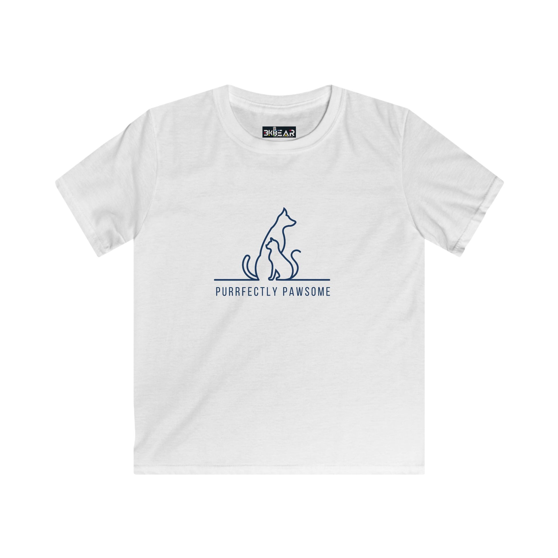 White kids t-shirt with blue cat and dog outline and purrfectly pawsome kids tee print