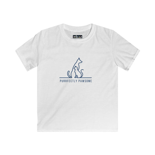 White kids t-shirt with blue cat and dog outline and purrfectly pawsome kids tee print