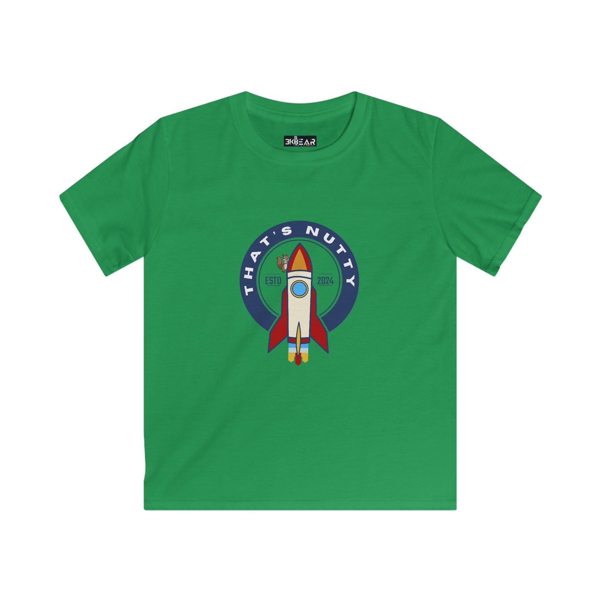 Printify green kids space graphic t-shirt youth with rocket ship design and Thats Nutty text