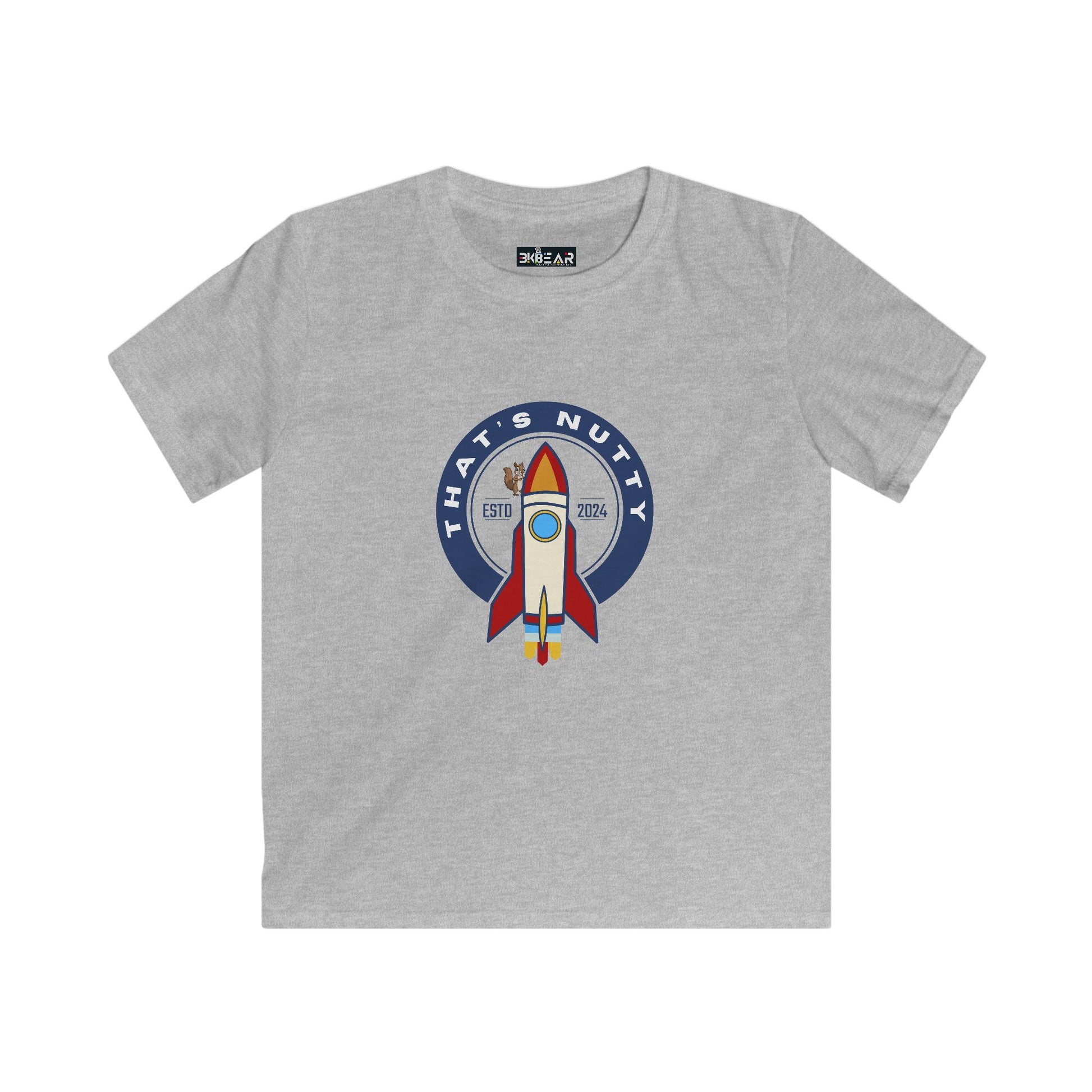 Gray kids space graphic t-shirt youth with colorful rocket and That’s Nutty design by Printify