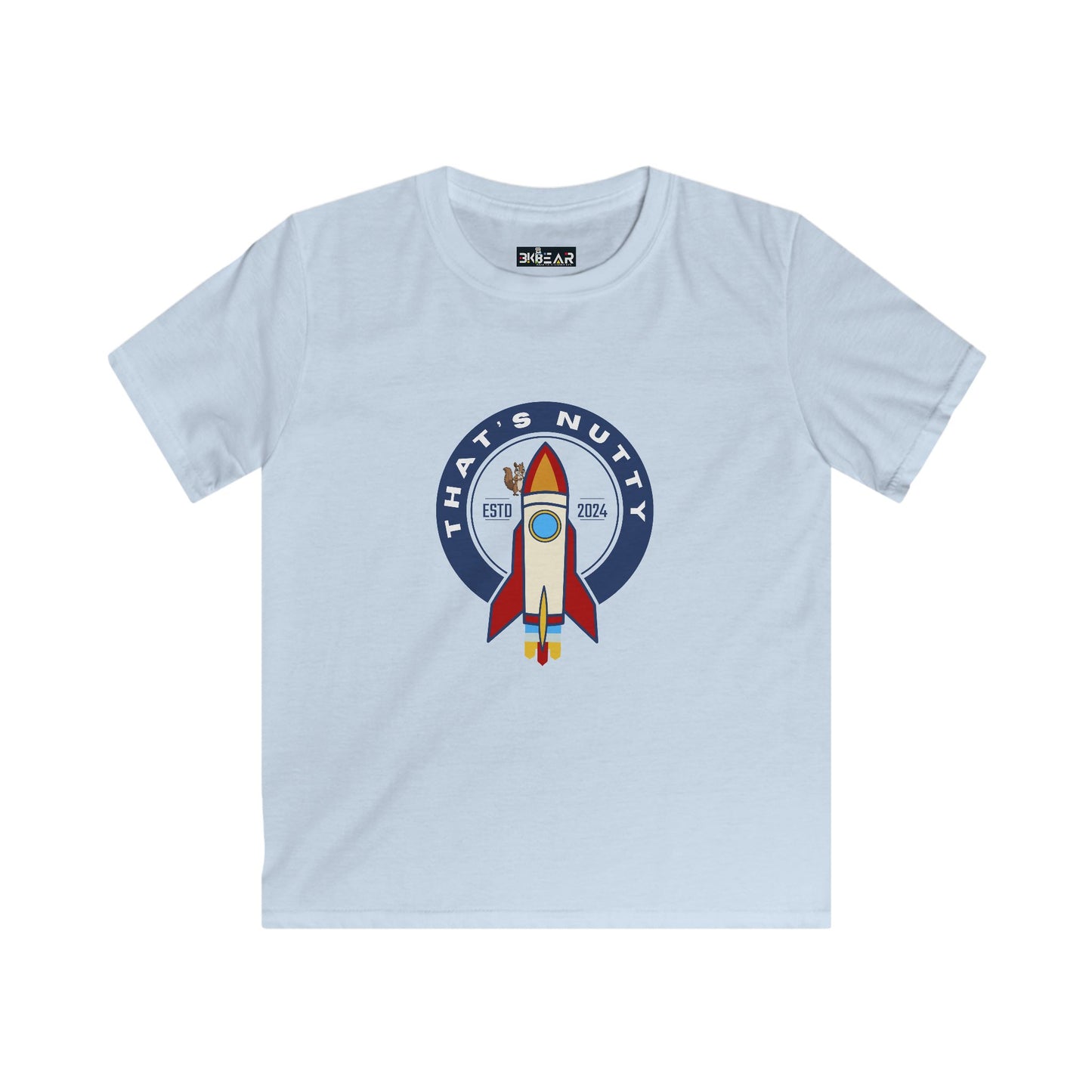 Light blue space graphic t-shirt youth with rocket and That's Nutty design by Printify