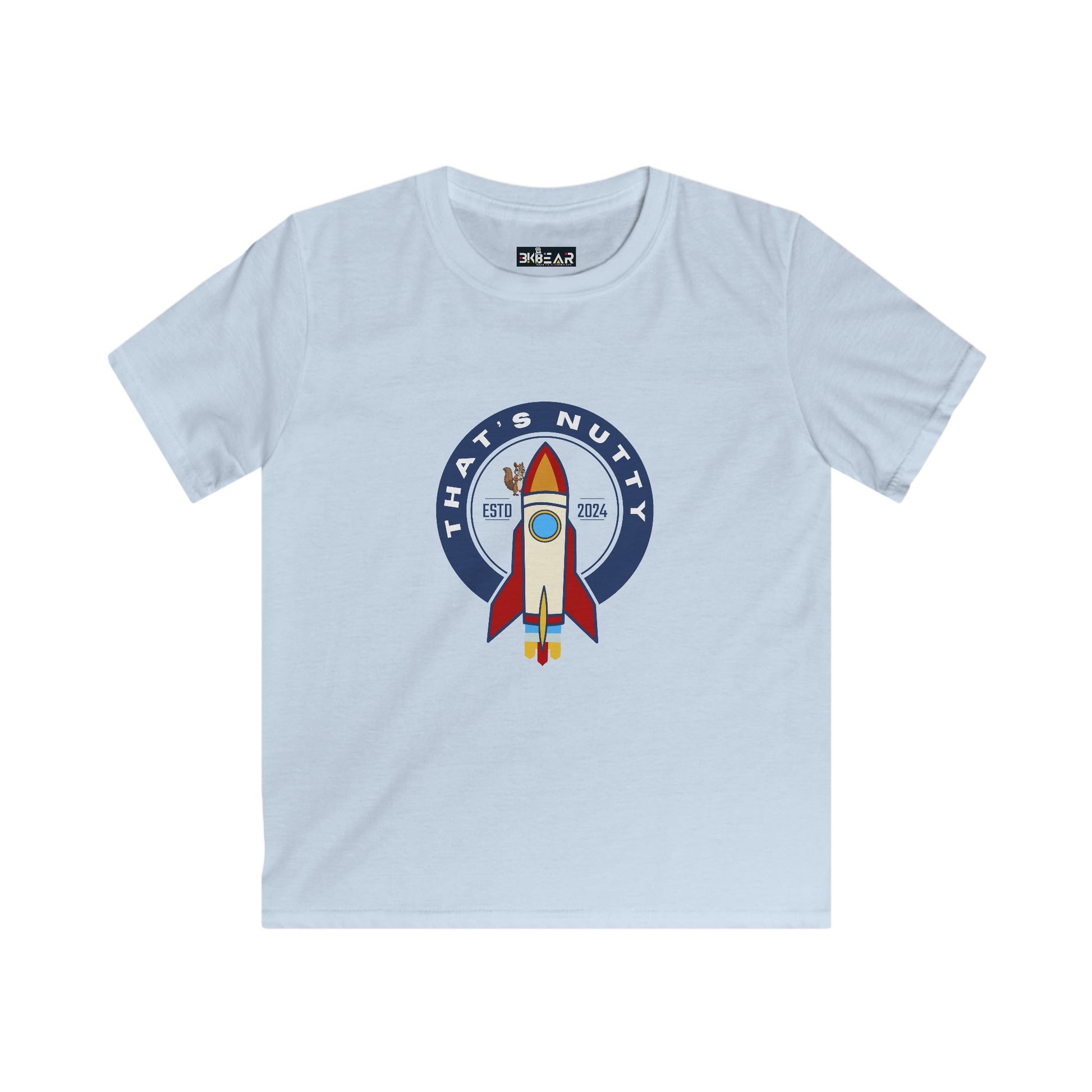 Light blue space graphic t-shirt youth with rocket and That's Nutty design by Printify