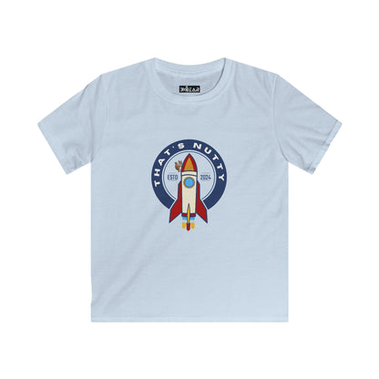 Light blue space graphic t-shirt youth with rocket and That's Nutty design by Printify