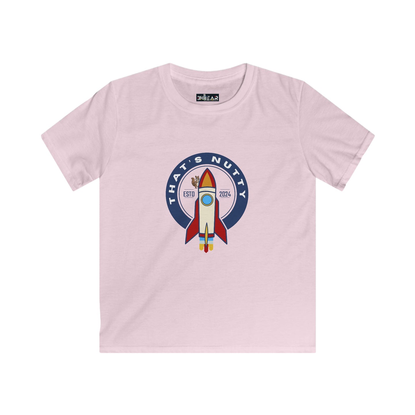 Light pink kids space graphic t-shirt youth with rocket and Thats Nutty design by Printify