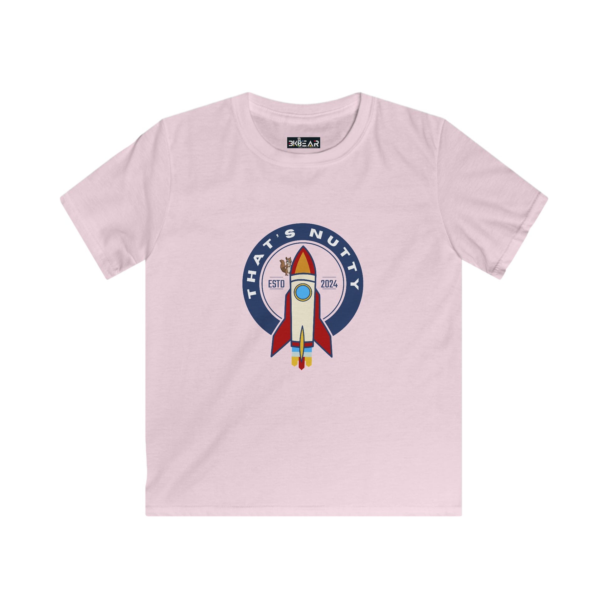 Light pink kids space graphic t-shirt youth with rocket and Thats Nutty design by Printify
