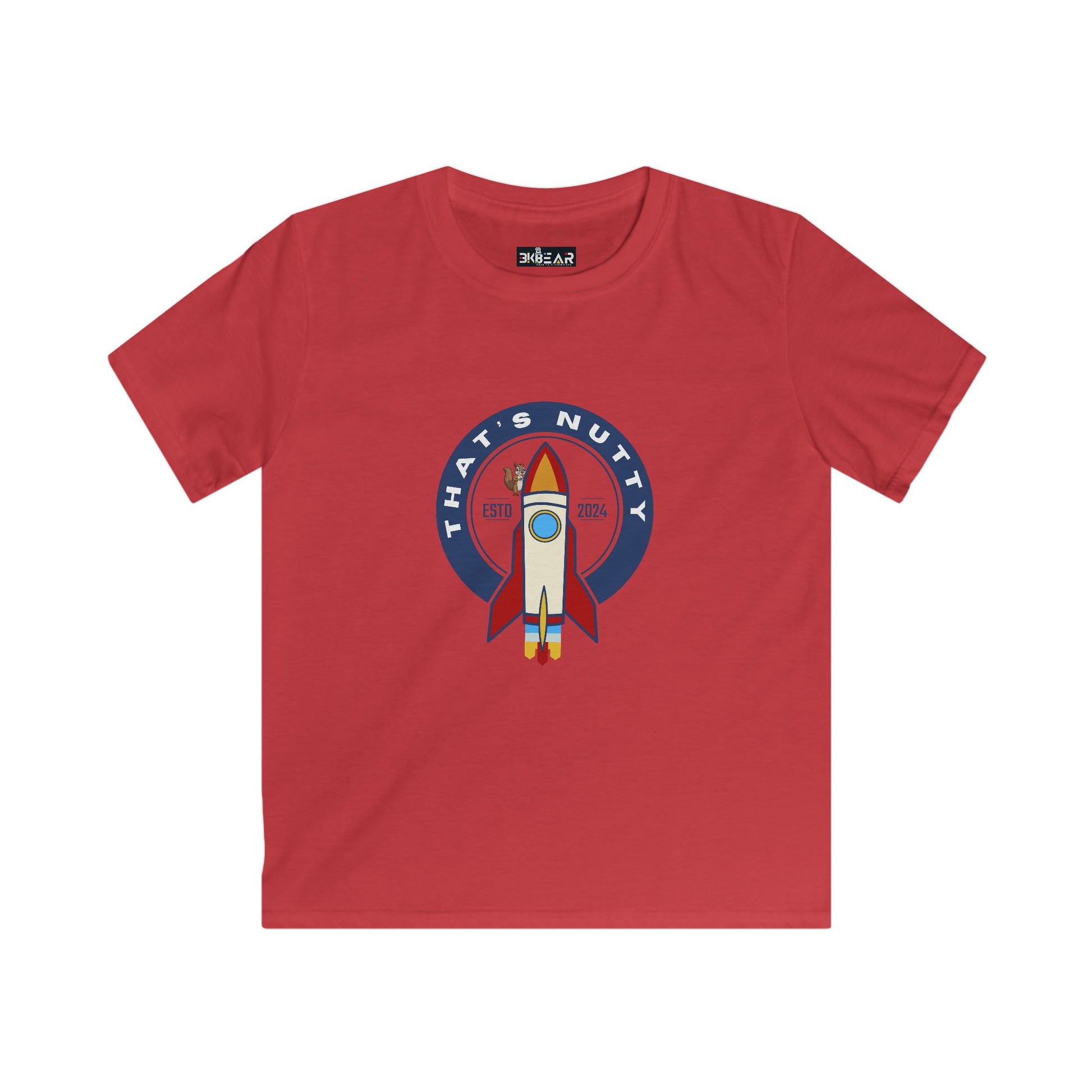 Red space graphic t-shirt youth with rocket and Thats Nutty design for kids by Printify