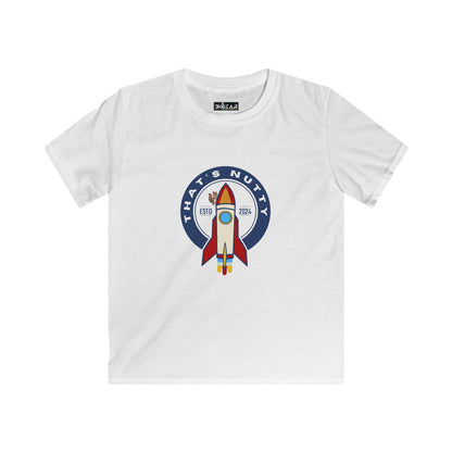 White kids space graphic t-shirt youth with colorful rocket and Thats Nutty text design