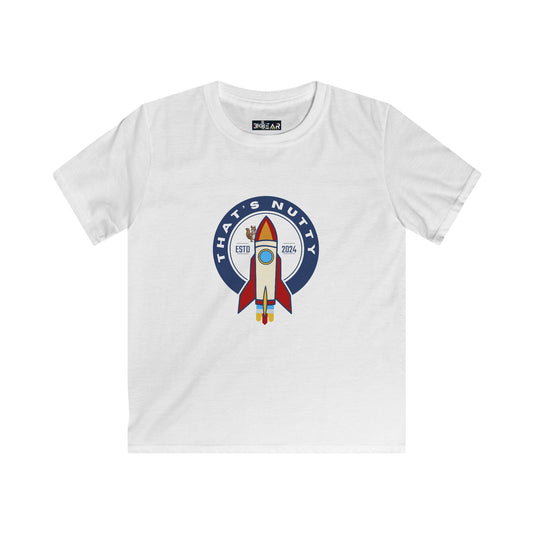 White kids space graphic t-shirt youth with colorful rocket and Thats Nutty text design
