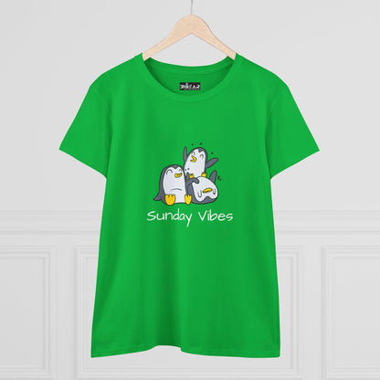 Green Printify t-shirt with cute penguins and sunday vibes graphic tee text design