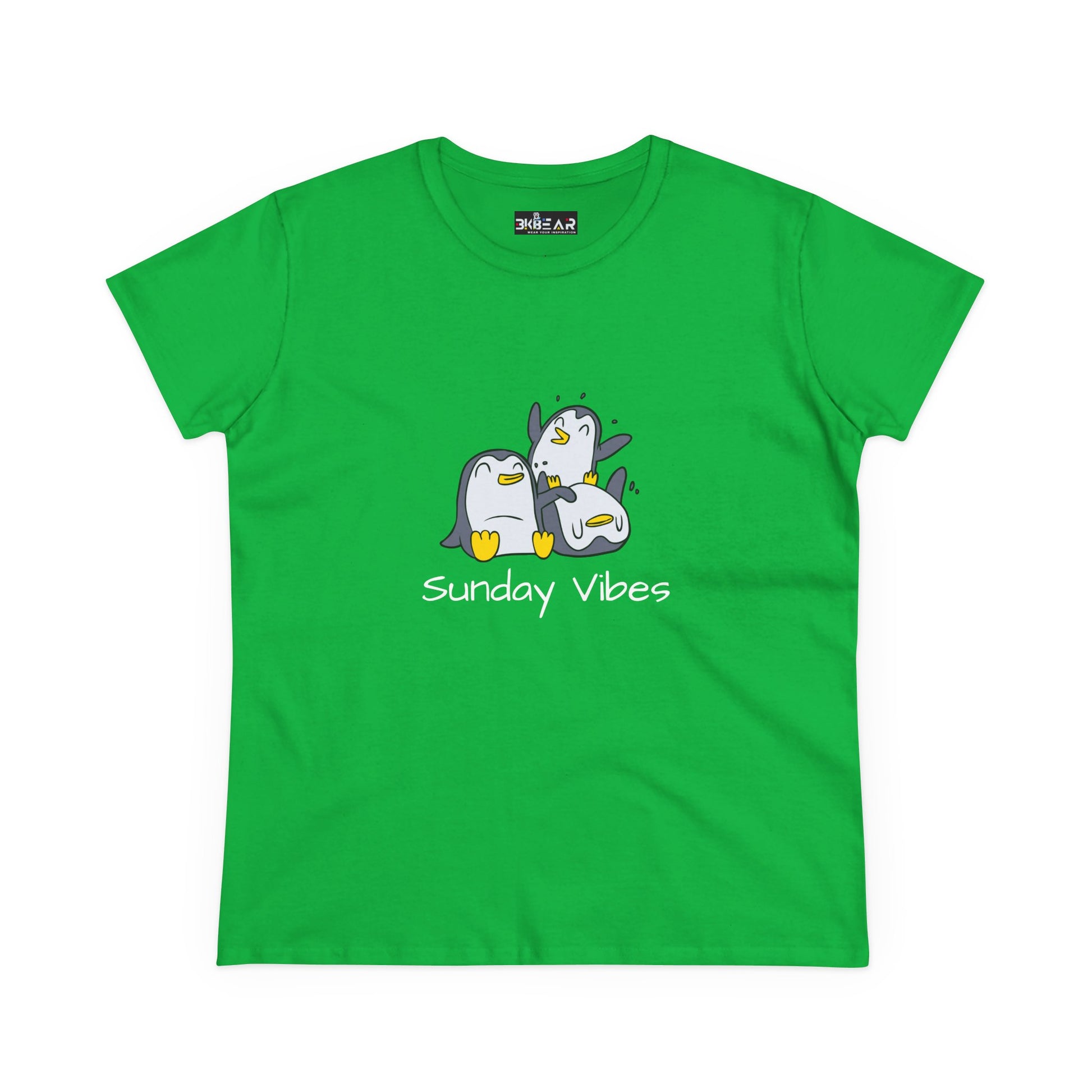 Green Printify t-shirt with cute penguins and Sunday vibes graphic tee text design