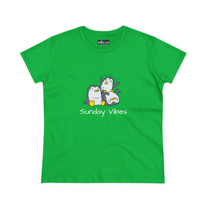 Green Printify t-shirt with cute penguins and Sunday vibes graphic tee text design