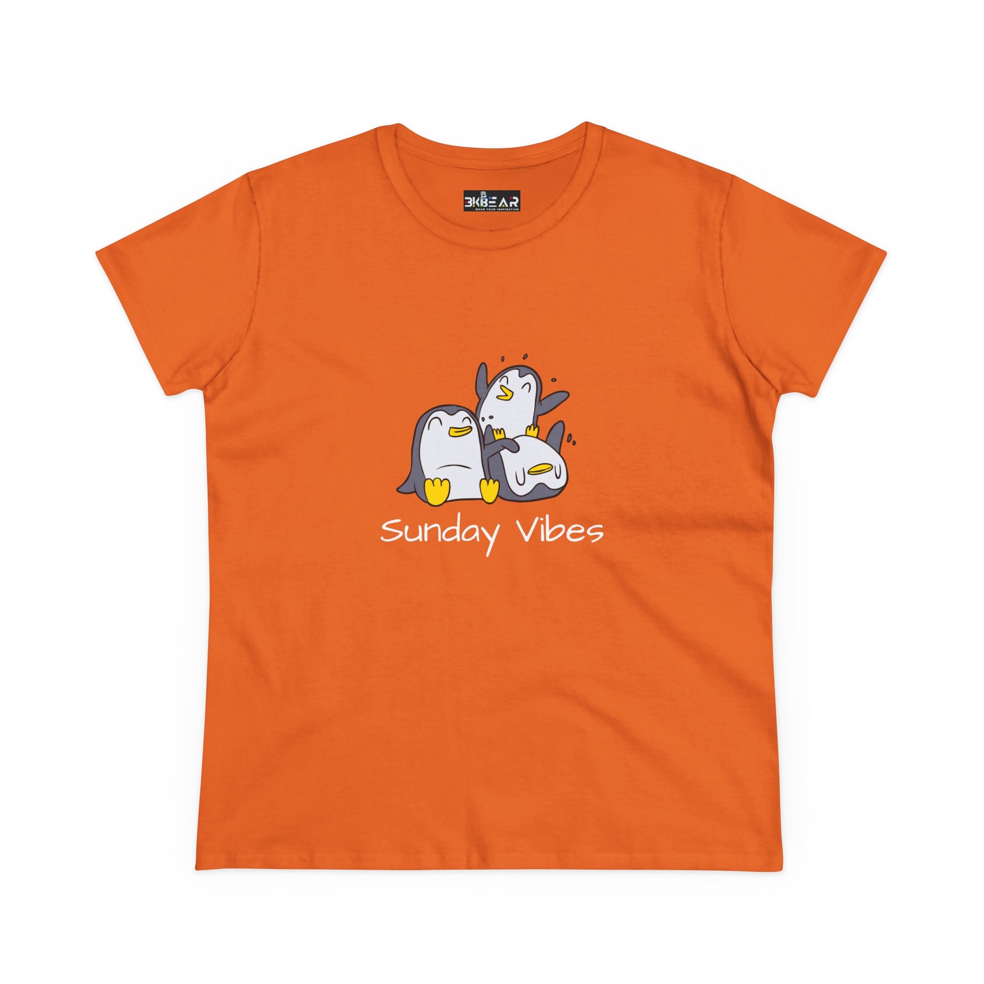 Orange Printify t-shirt with cute penguin design and sunday vibes graphic tee text