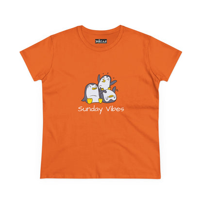 Orange Printify t-shirt with cute penguin design and sunday vibes graphic tee text
