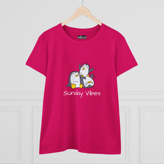 Printify pink Sunday vibes graphic tee with cute penguin cartoon design on front