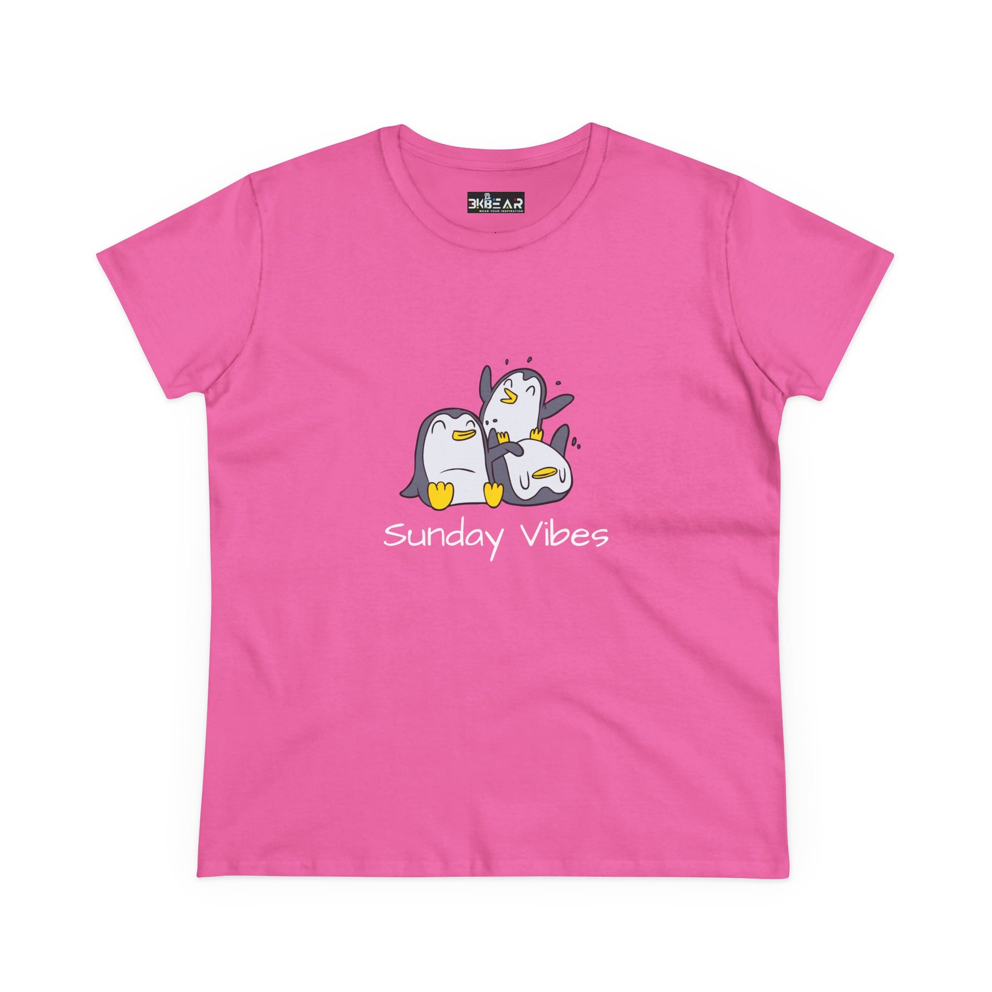 Pink Sunday vibes graphic tee with cute cartoon penguins and white text for casual wear