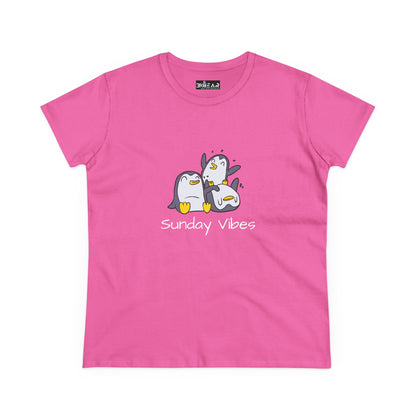 Pink Sunday vibes graphic tee with cute cartoon penguins and white text for casual wear