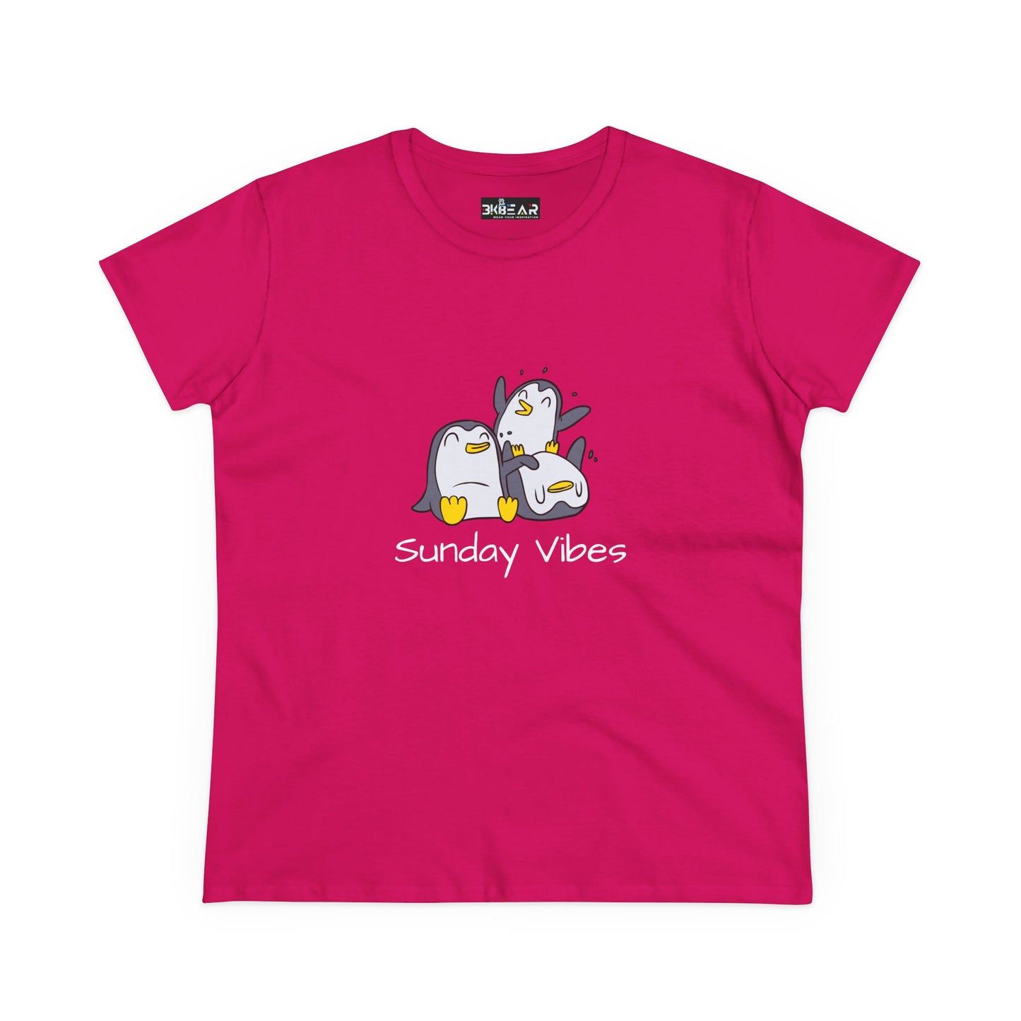 Bright pink Printify t-shirt with cute penguin design and Sunday vibes graphic tee text