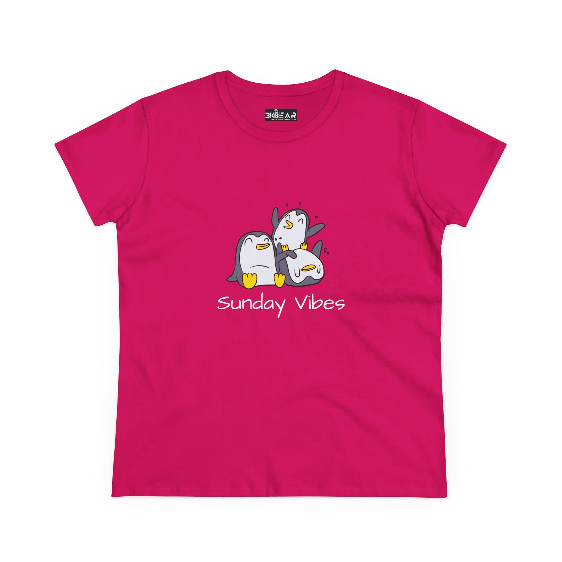 Bright pink Printify t-shirt with cute penguin design and Sunday vibes graphic tee text