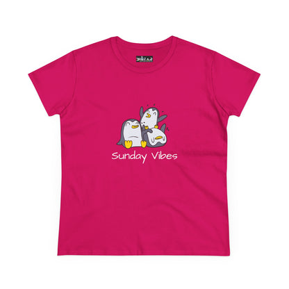 Bright pink Printify t-shirt with cute penguin design and Sunday vibes graphic tee text