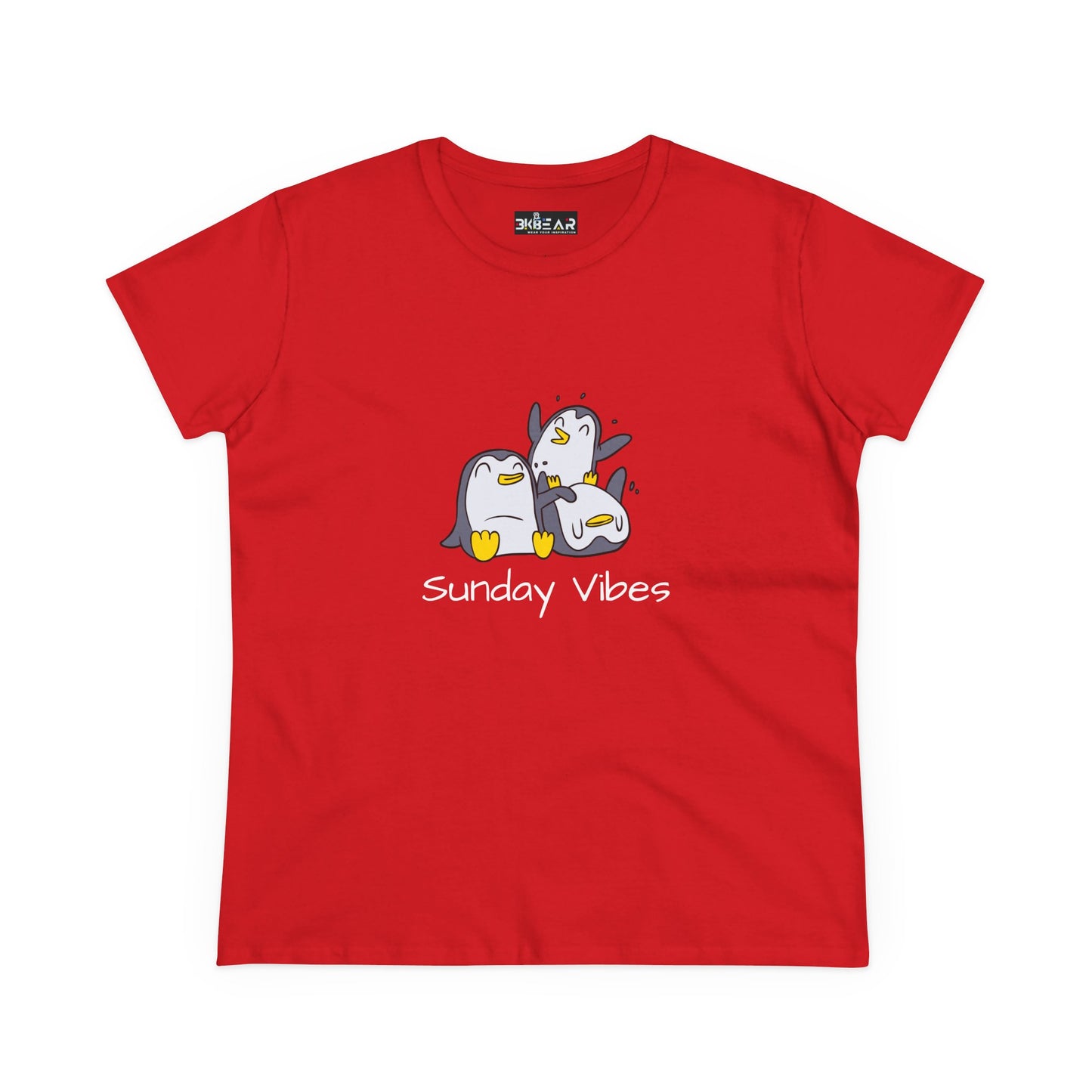 Red Printify t-shirt featuring a funny penguin design with the text sunday vibes graphic tee