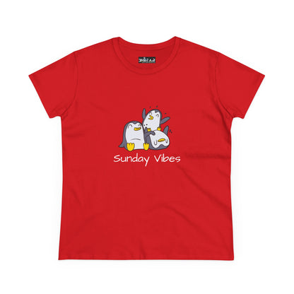 Red Printify t-shirt featuring a funny penguin design with the text sunday vibes graphic tee
