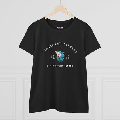 Black workout shirt women graphic with Finnegan's Fitness shark logo printed on front