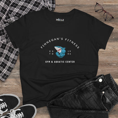 Black workout shirt women graphic with Finnegan's Fitness gym and shark logo printed on front
