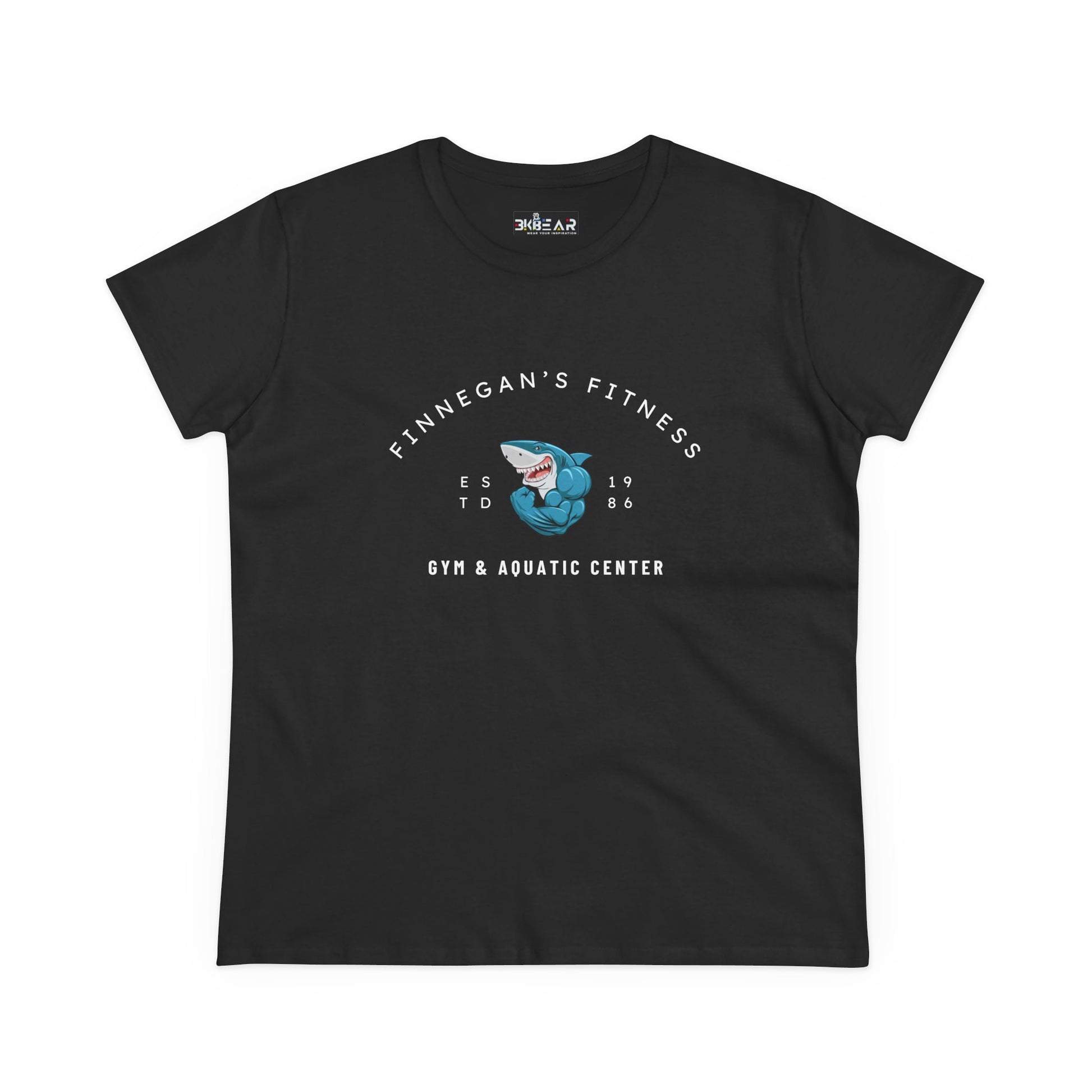 Black Printify workout shirt women graphic with Finnegan's Fitness shark logo and gym text