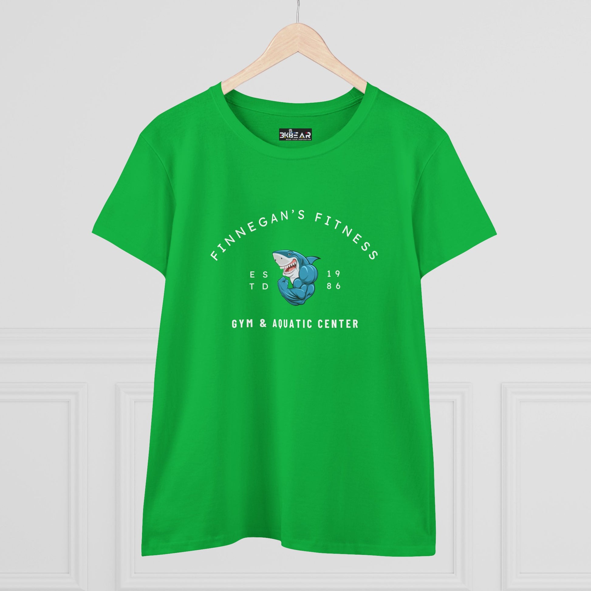 Green workout shirt women graphic with Finnegan's Fitness gym and aquatic center design