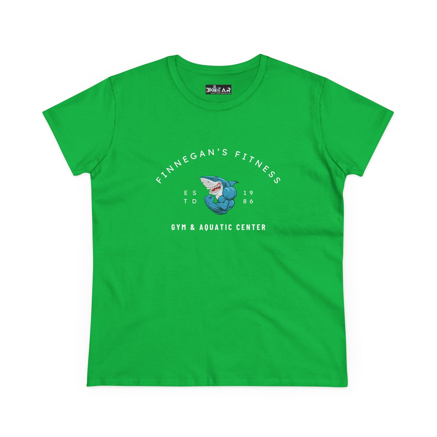 Printify green workout shirt women graphic featuring Finnegan's Fitness gym and aquatic center design