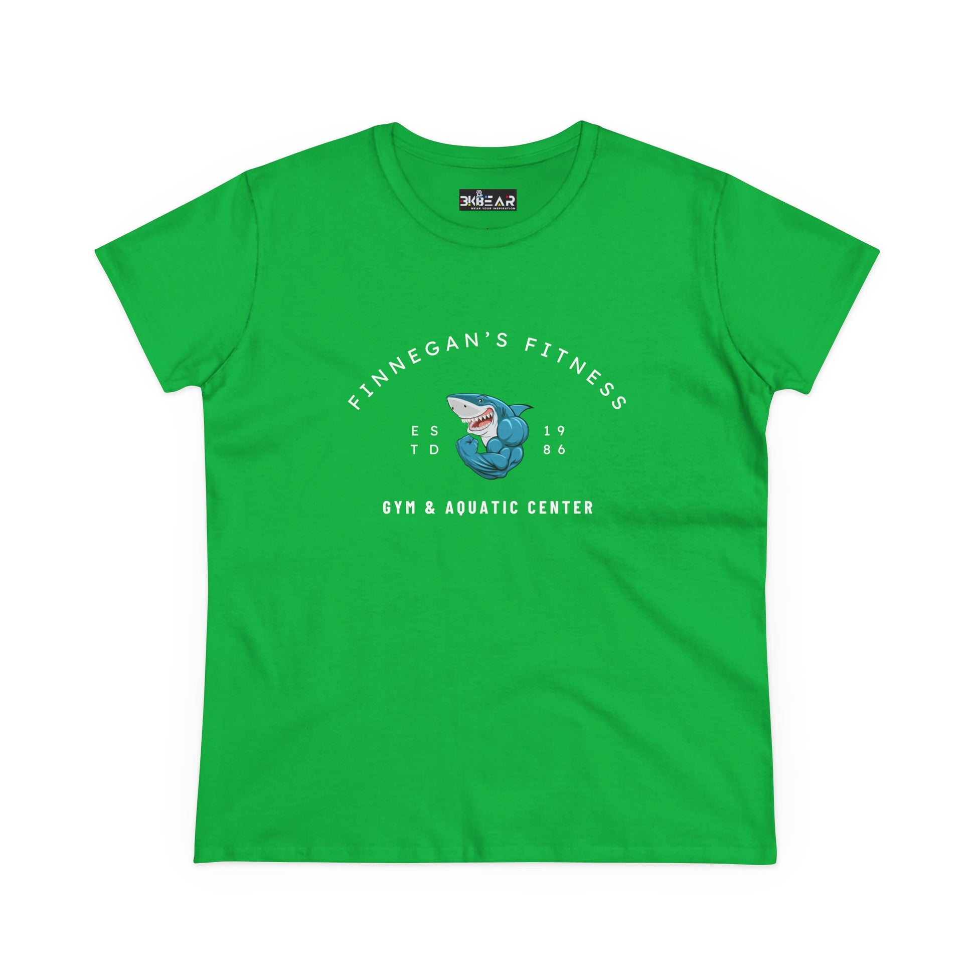 Printify green workout shirt women graphic featuring Finnegan's Fitness gym and aquatic center design