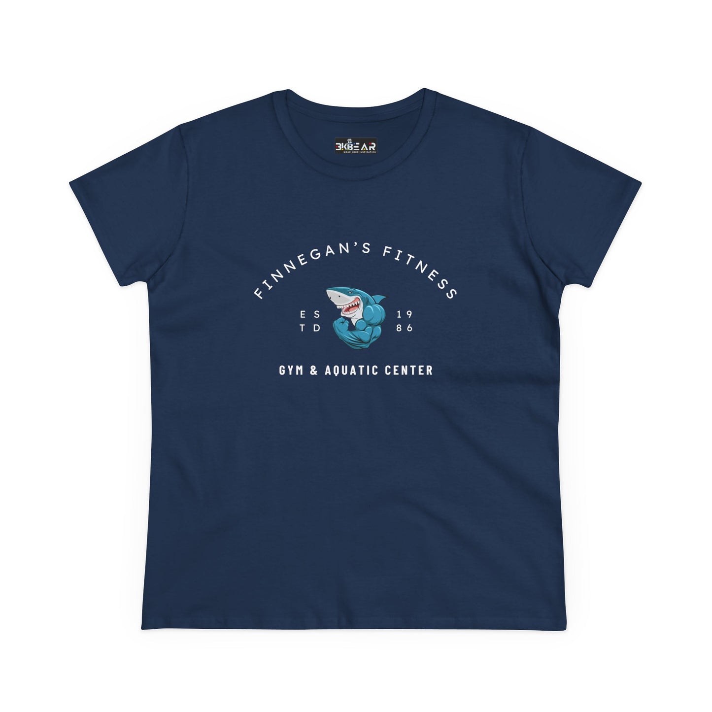 Navy workout shirt women graphic with Finnegan's Fitness shark design from Printify