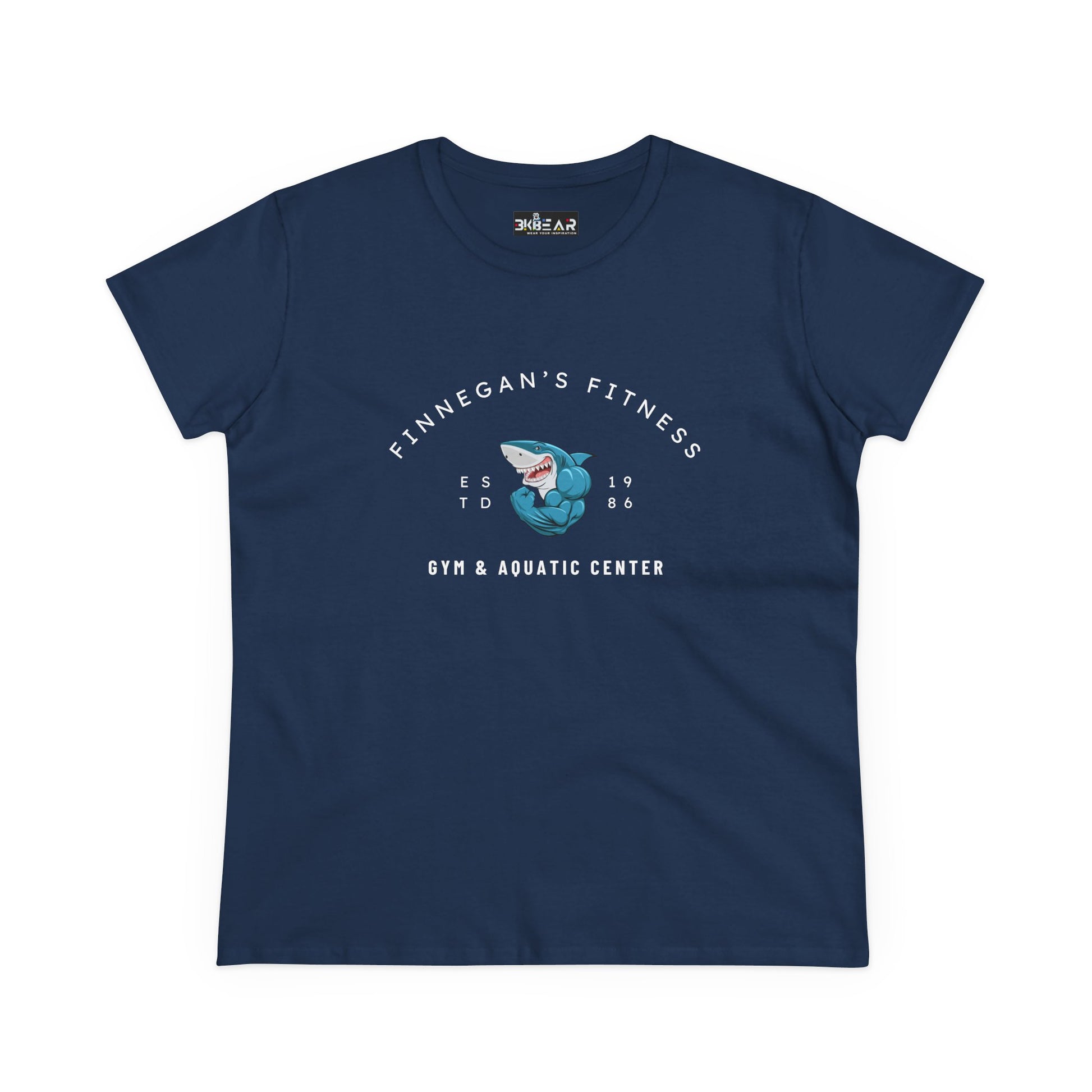 Navy workout shirt women graphic with Finnegan's Fitness shark design from Printify