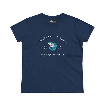 Navy workout shirt women graphic with Finnegan's Fitness shark design from Printify