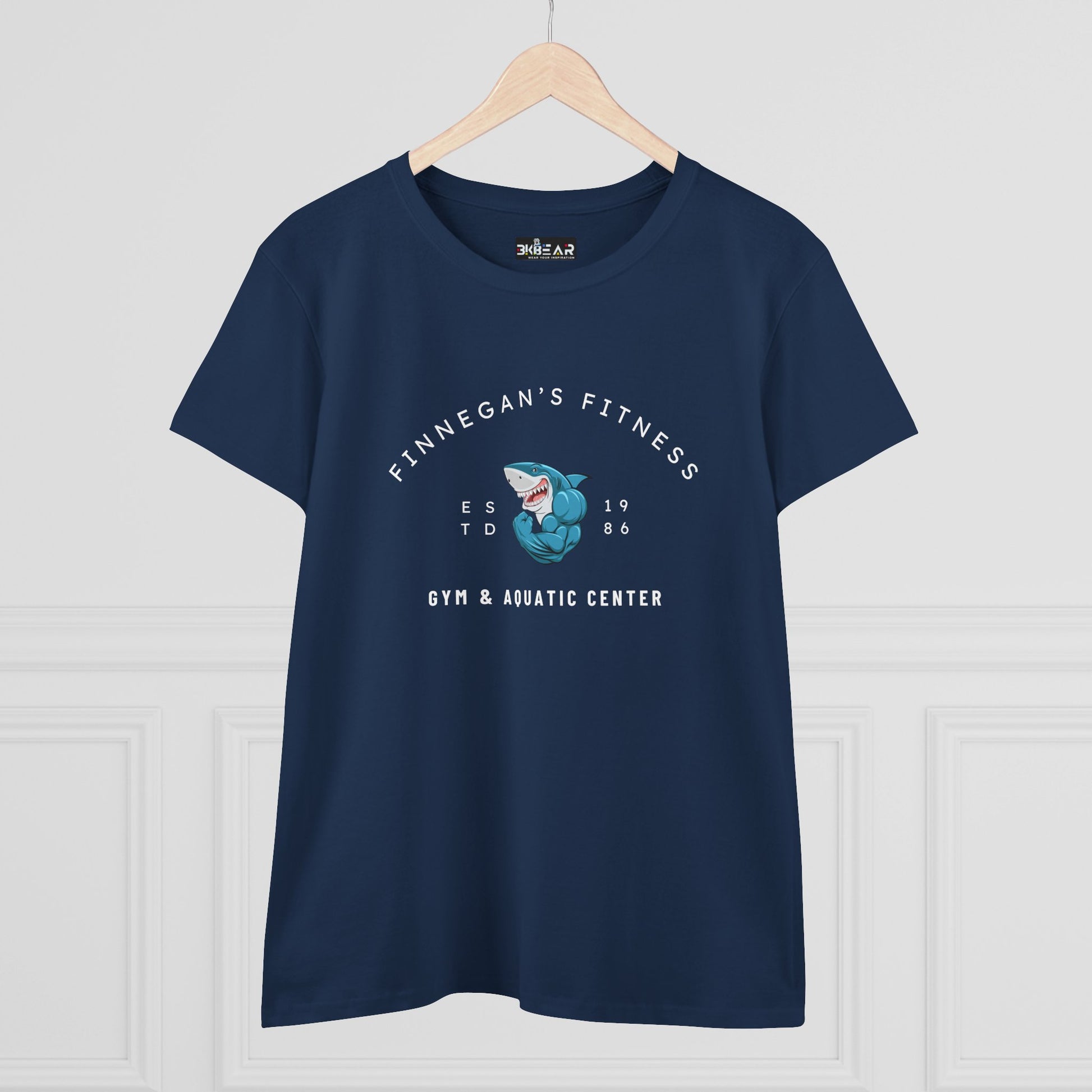 Navy workout shirt women graphic with Finnegan's Fitness gym and aquatic center design