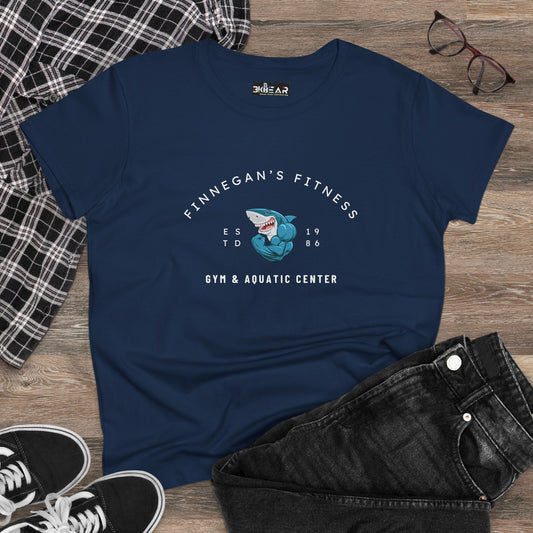 Navy workout shirt women graphic with Finnegan's Fitness shark design laid out with casual clothes