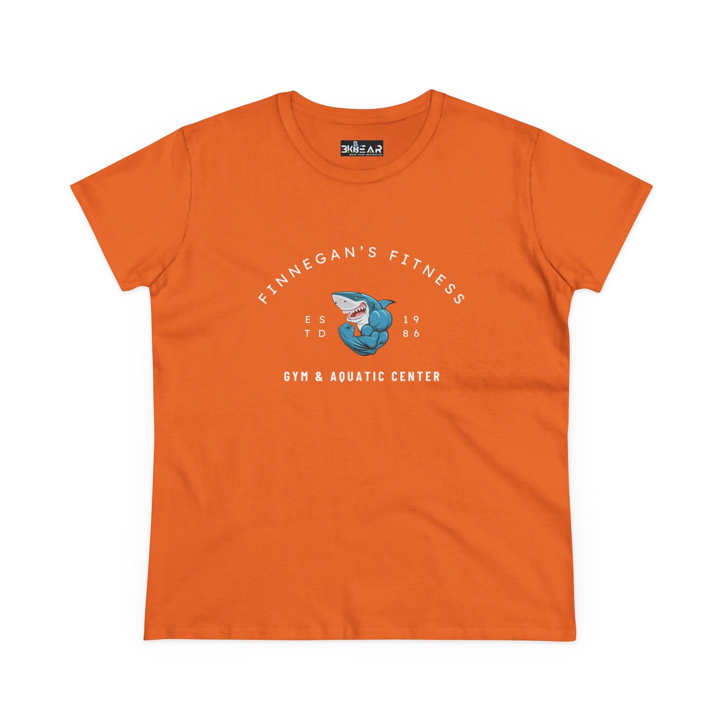 Orange workout shirt women graphic with Finnegan's Fitness shark logo and gym aquatic center text