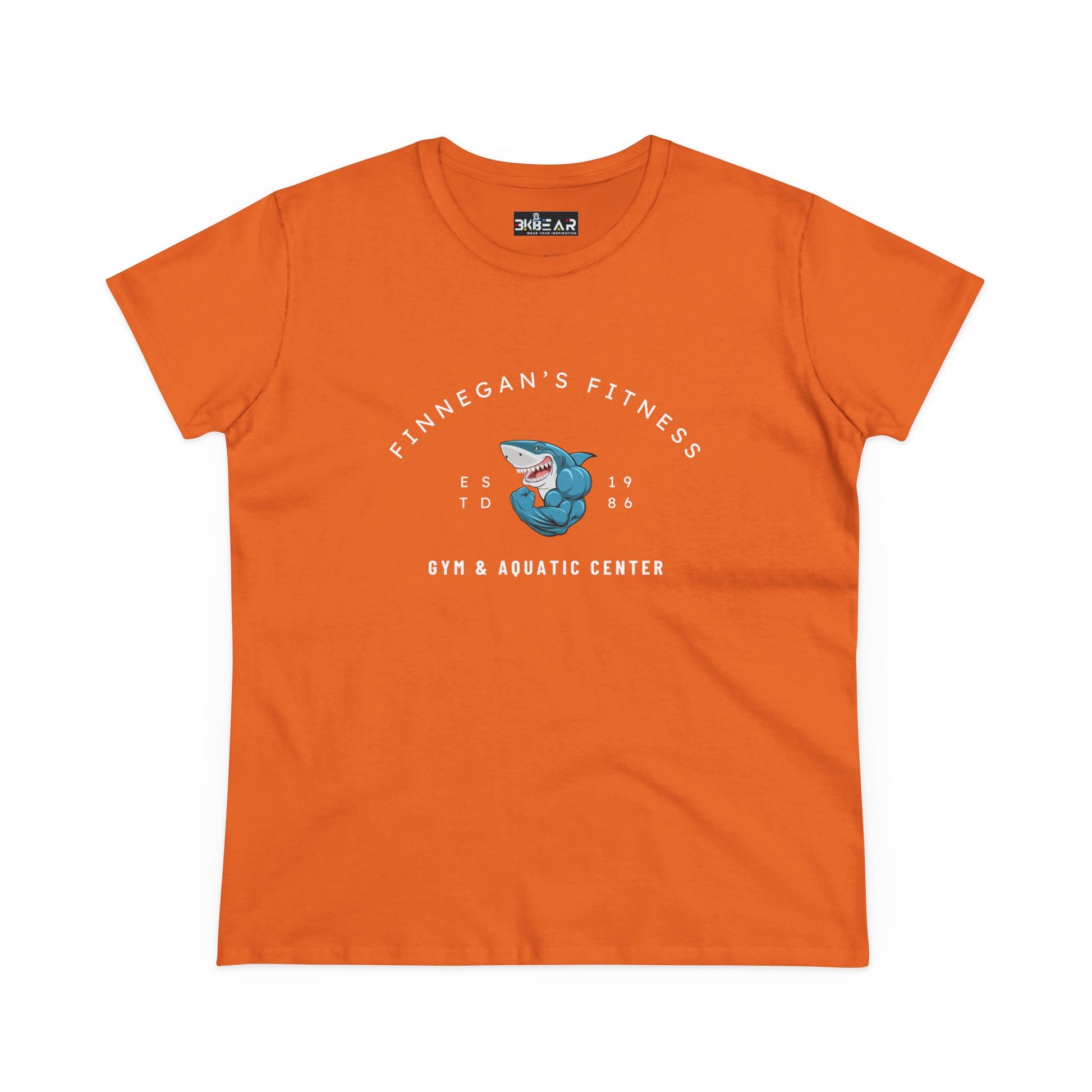 Orange workout shirt women graphic with Finnegan's Fitness shark logo and gym aquatic center text