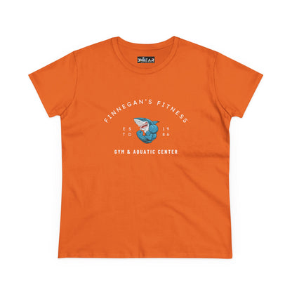 Orange workout shirt women graphic with Finnegan's Fitness shark logo and gym aquatic center text