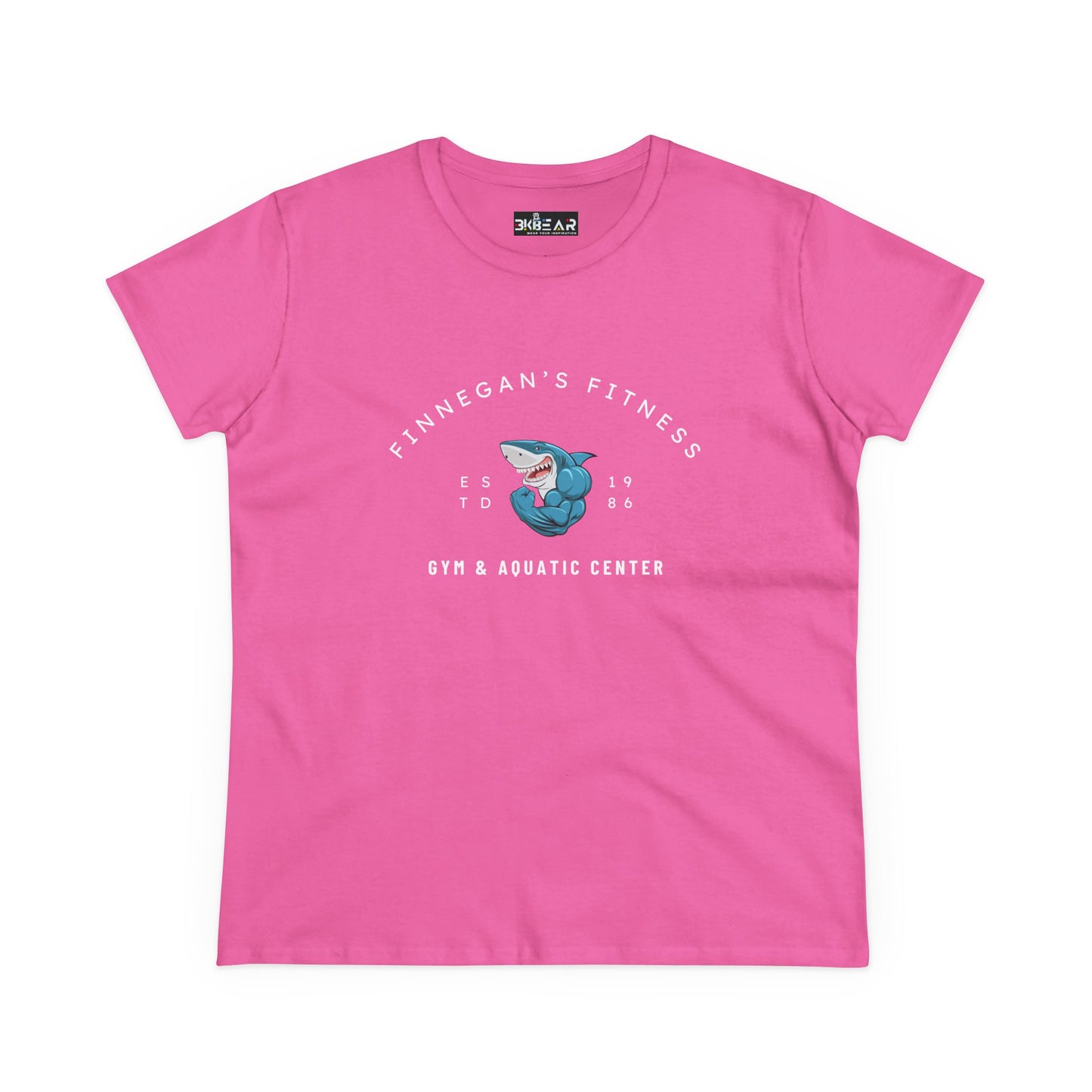 Pink workout shirt women graphic by Printify with shark fitness design and gym aquatic center text